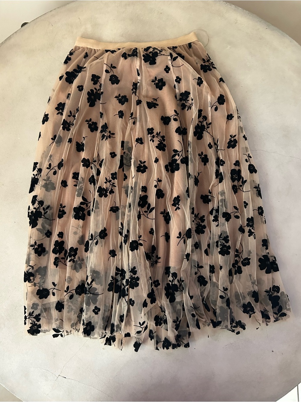 Wish Nude Tulle Midi Skirt with Black Floral Embroidery
